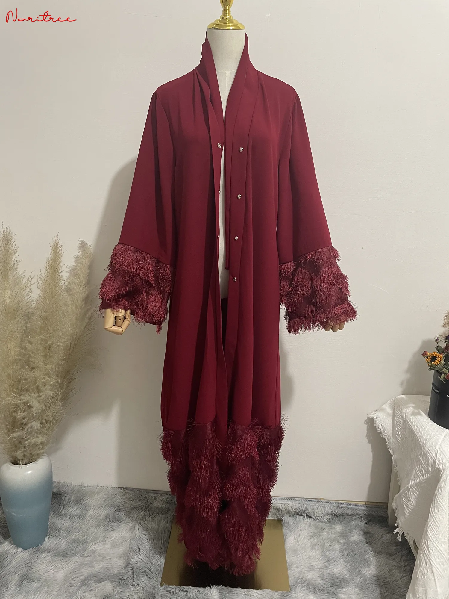 Elegant Thick Fluffy Lace Tassel Abaya Muslim Dress Full length Dubai Female Flare sleeve Islamic Dress wy1333 dropshiping