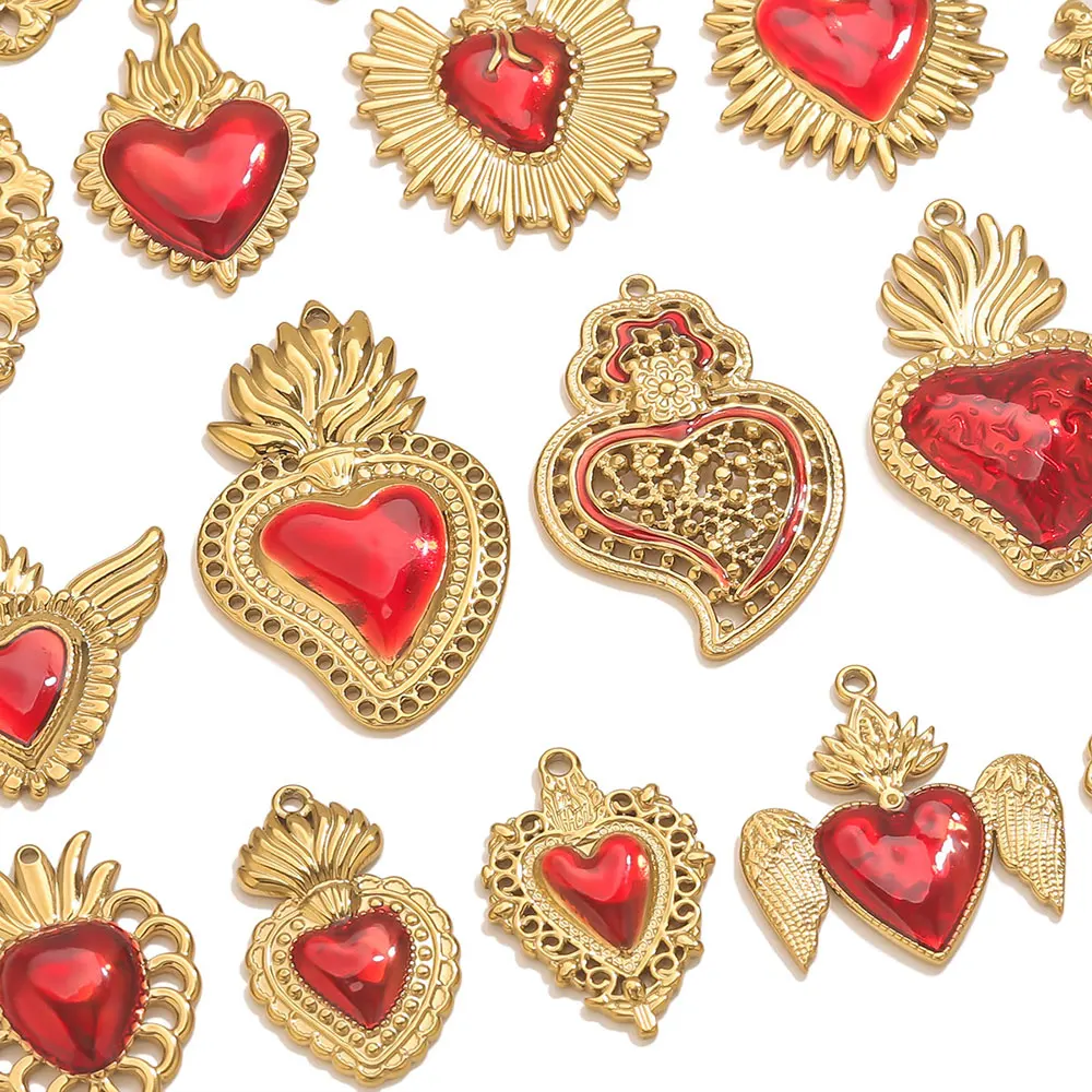 3 قطعة مطلية بالذهب القلب الأحمر المقدس دلايات من الفولاذ المقاوم للصدأ دوريان نمط الحب قلادة DIY بها بنفسك المرأة مجوهرات قلادة القرط سوار #6