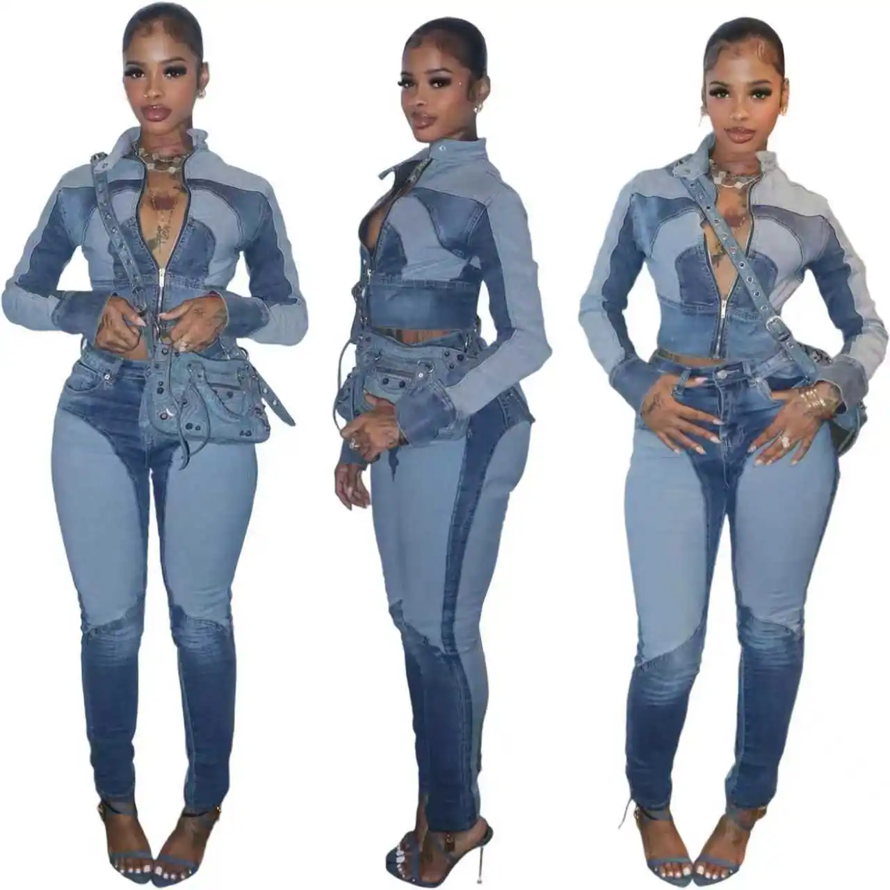 Women Color-coded Spliced Slim Casual Simple Daily Wash 2 Piece Sets Skinny Denim Trousers Long Sleeve Zipper Denim Tops Clothes
