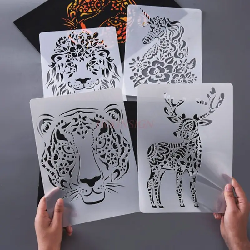 5pcs/set Painting Template Scratching Paper Creative Animal Theme Lace Hollow Ruler Personalized DIY Tool Painting Coloring
