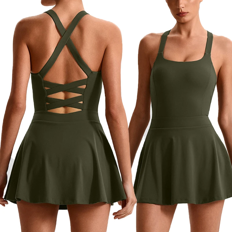 Women Criss Cross Backless Fitness Yoga Dresses Tennis Dress Built-in Shorts Ladies Quick-dry Athletic Workout Skirts Golf Skort