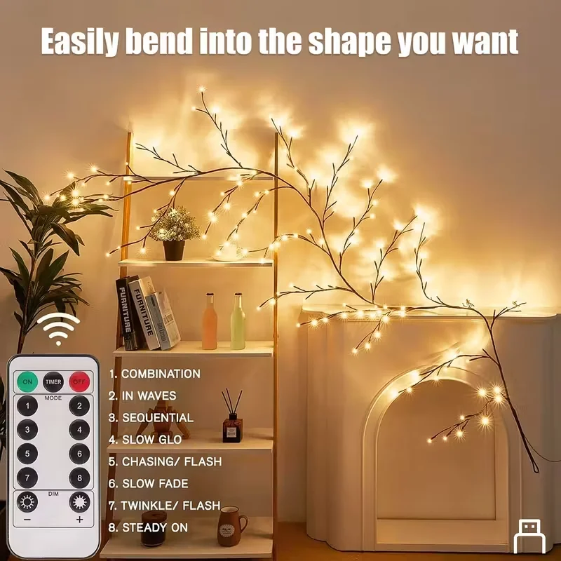 USB-Lichterkette mit 8 Modi und Fernbedienung, wasserdichte LED, flexible DIY-Baumzweiglampe, Lichterkette für Zuhause, Wand, Weihnachtsdekoration – Detail 5