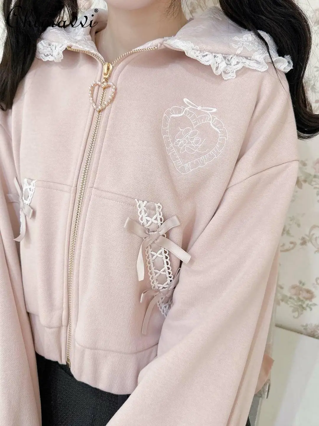 Japanese Mines Mass-produced Frilly Bow Hooded Sweatshirt Jacket Autumn and Winter New Sweet Girl Women Lolita Cute Coat