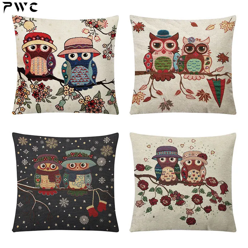 

Linen Owl Cartoon Pillowcase 45x45cm Square Living Room Sofa Decoration Pillowslip High-quality Seat Cushion Cover Home Decor