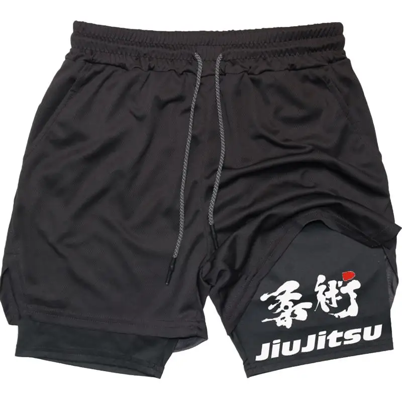 

JU JITSU Gym shorts Men Fitness 2 in 1 Performance Shorts BJJ Mesh Quick Dry Athletics Running Short Pants Compression Liner