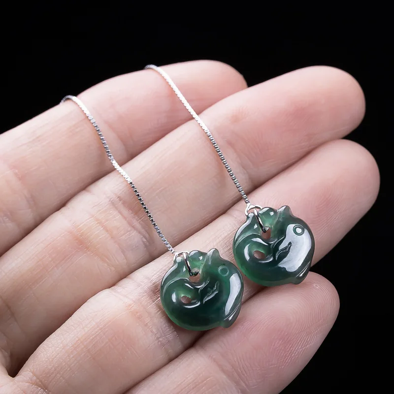 Natural Jadeite A-grade Blue Water Dolphin S925 Silver Inlaid with Ice Jade Fashionable High-end Women's Earrings