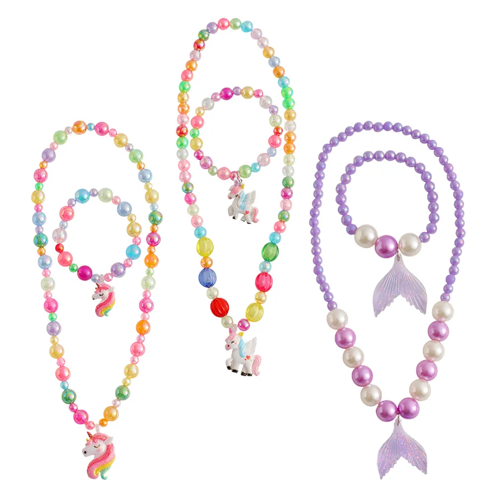 3 ensembles de bijoux pour petites filles, collier et bracelet en perles, accessoire amusant et élégant pour les enfants, cadeaux de fête et cadeaux de vacances