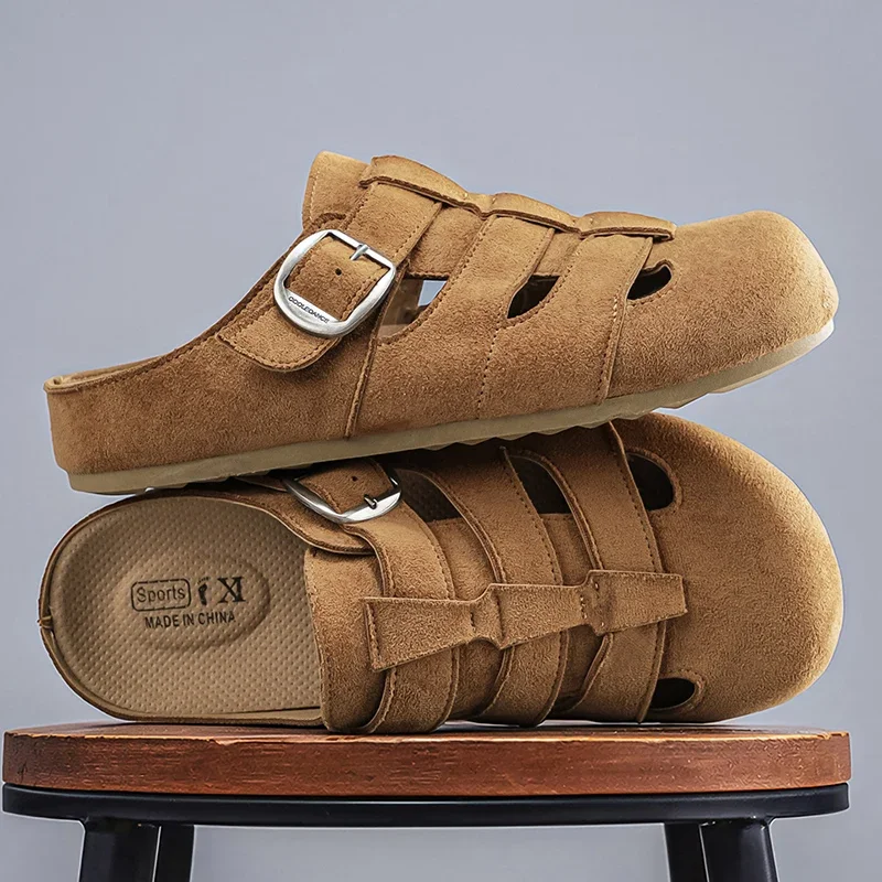 

Men's Teen Mules New Spring and Summer Retro Casual Slip-On Shoes Pu Upper Double Strap Half Slippers with Adjustable Buckle