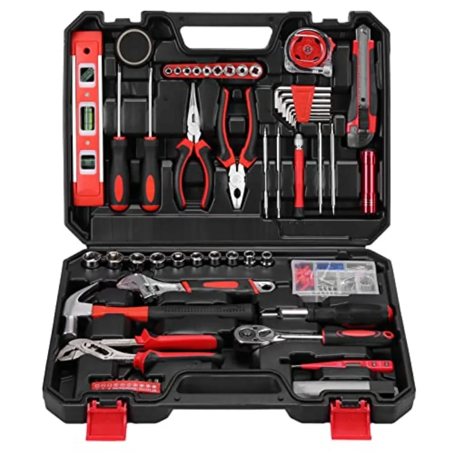 

Yougfin 120 Pcs Basic Tool Set General Household Hand Kit with Plastic Toolbox Storage Case Red and Black for Men andWomen