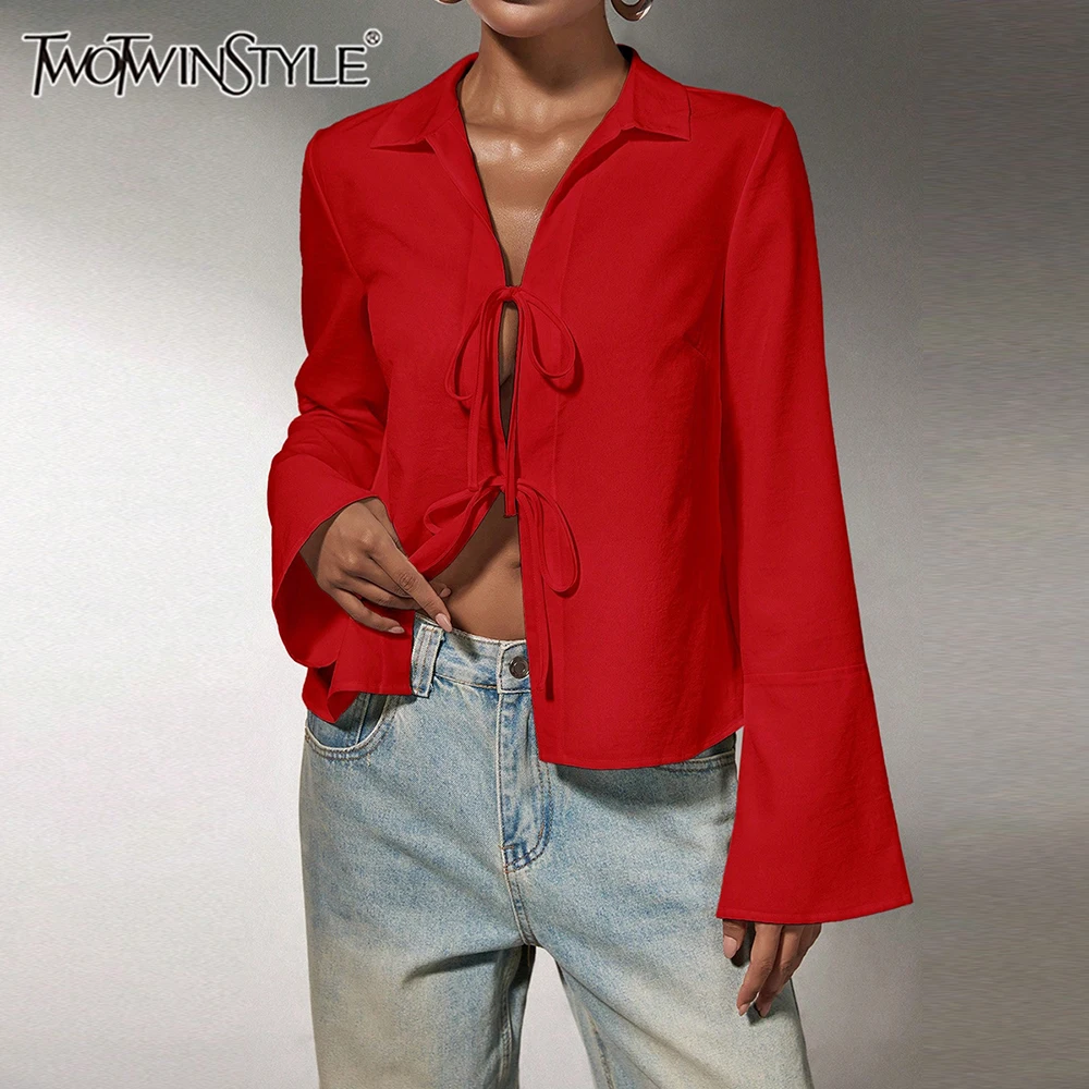 

TWOTWINSTYLE French Retro Red Color Shirt for Women V Neck Long Sleeve Patchwork Lace Up Cardigan Shirts Female Fashion Clothing