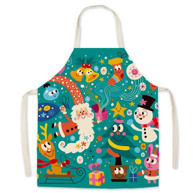 Christmas Linen Print Cleaning Apron Tree New Year Holiday Ladies Kitchen