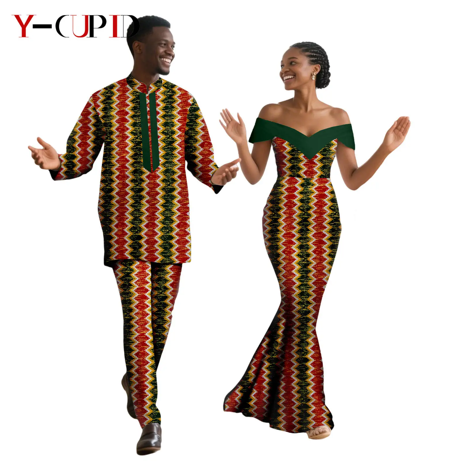 African Print V-neck Long Mermaid Dresses for Women Matching Couple Clothes Men Outfits Dashiki Top and Pant Sets Wedding 25C042