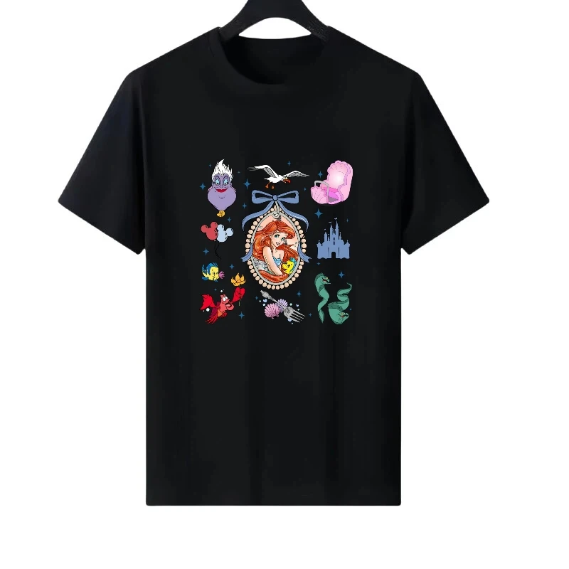 

Женская летняя черная одежда принцессы Диснея с узором для родителей и детей, кавайные топы, женские дешевые футболки с короткими рукавами Y2k, блузки