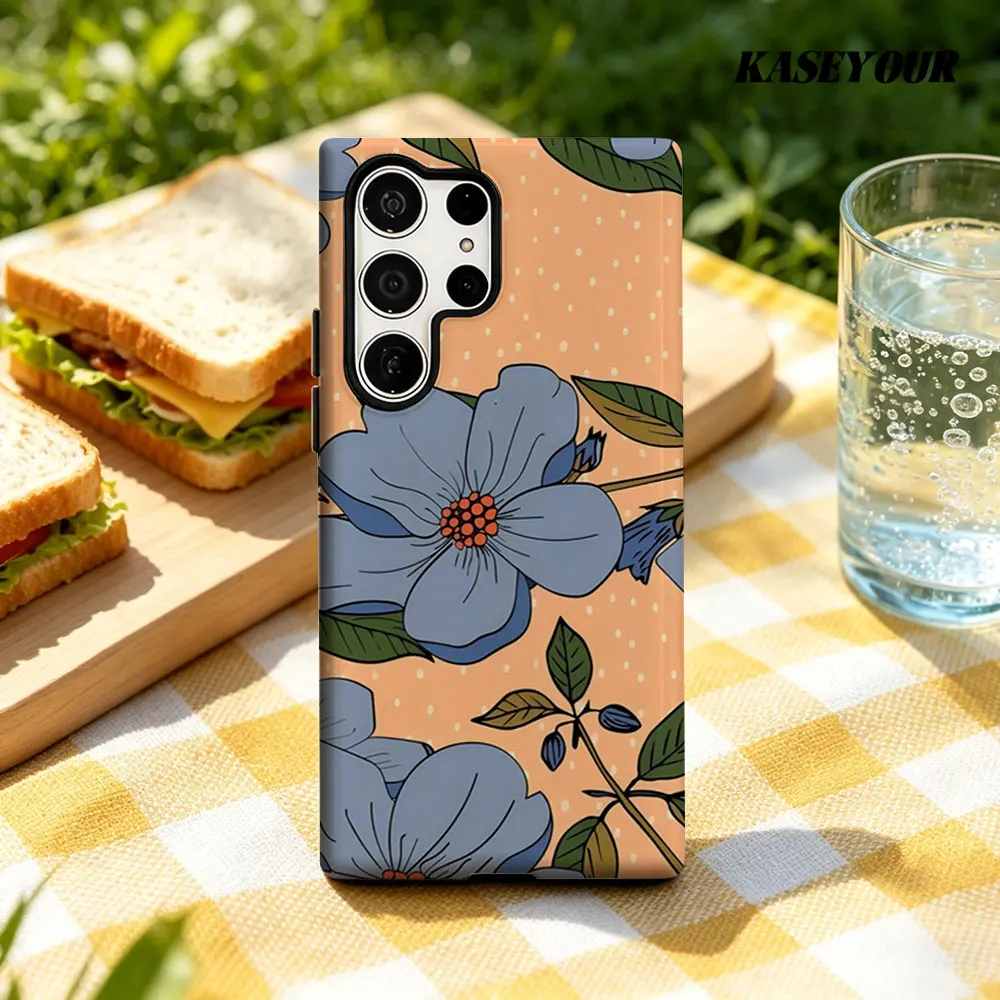 Blue Flower Polka Dot For Samsung Galaxy Phone Case S23 A57 S20 S25 FE S26 Plus S24 Ultra A56 A37 2-IN-1 Shockproof Bumper
