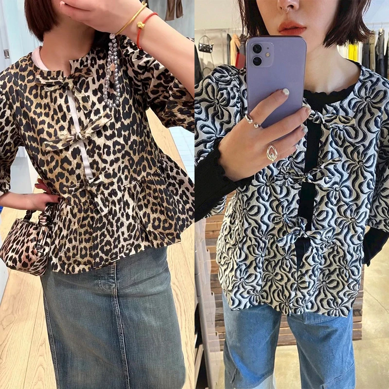 

Nordic Sle Women's Bubble irt round Ne Knotted Print Faion Spring Summer Top Cotton Long Sve Comfortable Fit irt