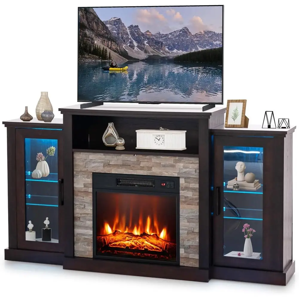 Replace TV Stand for TVs up to 65, 19 Electric with Mantel, Entertainment Center, 16 Color LED Lights, APP & Remote Control, Adj