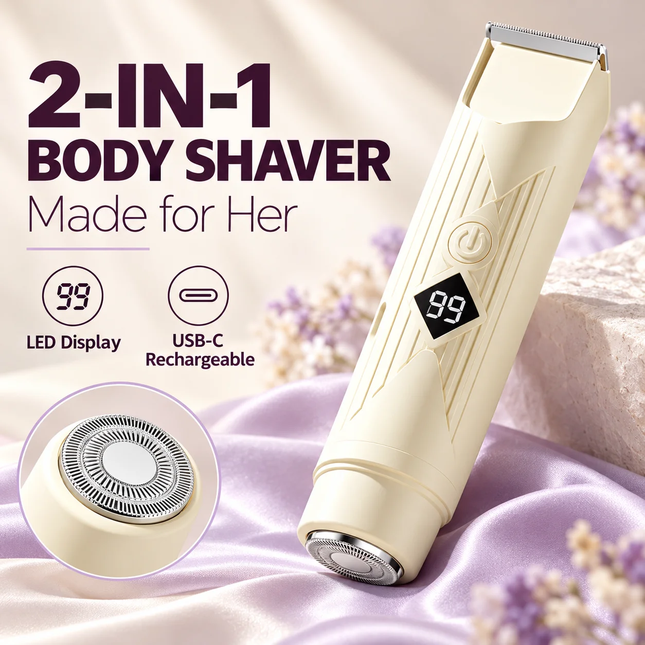 2 in 1 Electric Shaver for Women Dual Head Body Hair Trimmer USB C Rechargeable LED Display for Legs Underarms Bikini