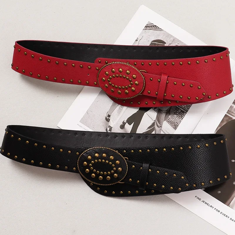 

Women Versatile Fashion Retro Punk Style Rivet Stylish PU Leather Belts Female Personalized Dress Decoration Wide Belt