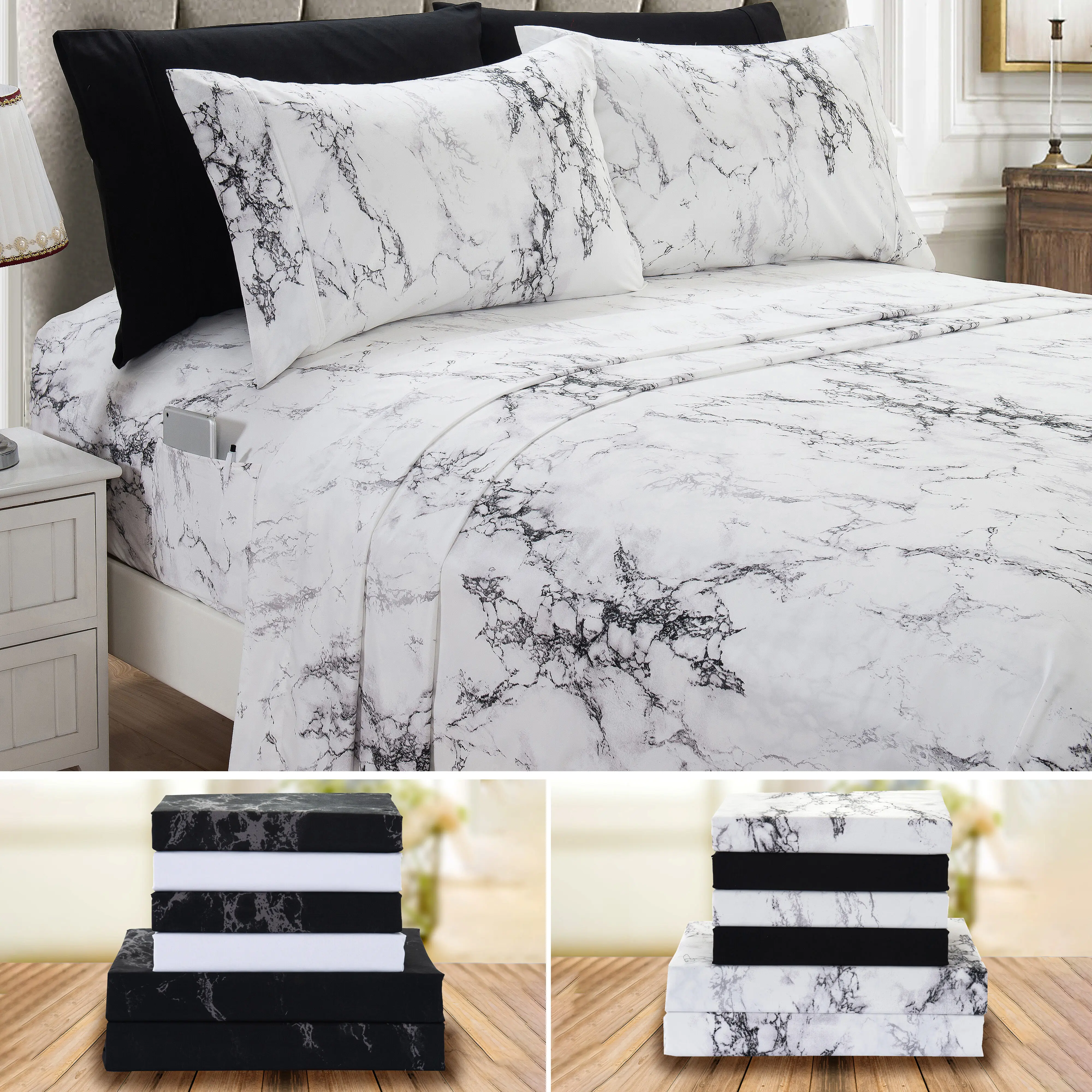 Elegant Comfort Luxury 4/6pcs Marble Sheet Set 16 Inch Deep Pockets - Ultra Soft Machine Washable Luxury 6-Piece Bed Sheet Set