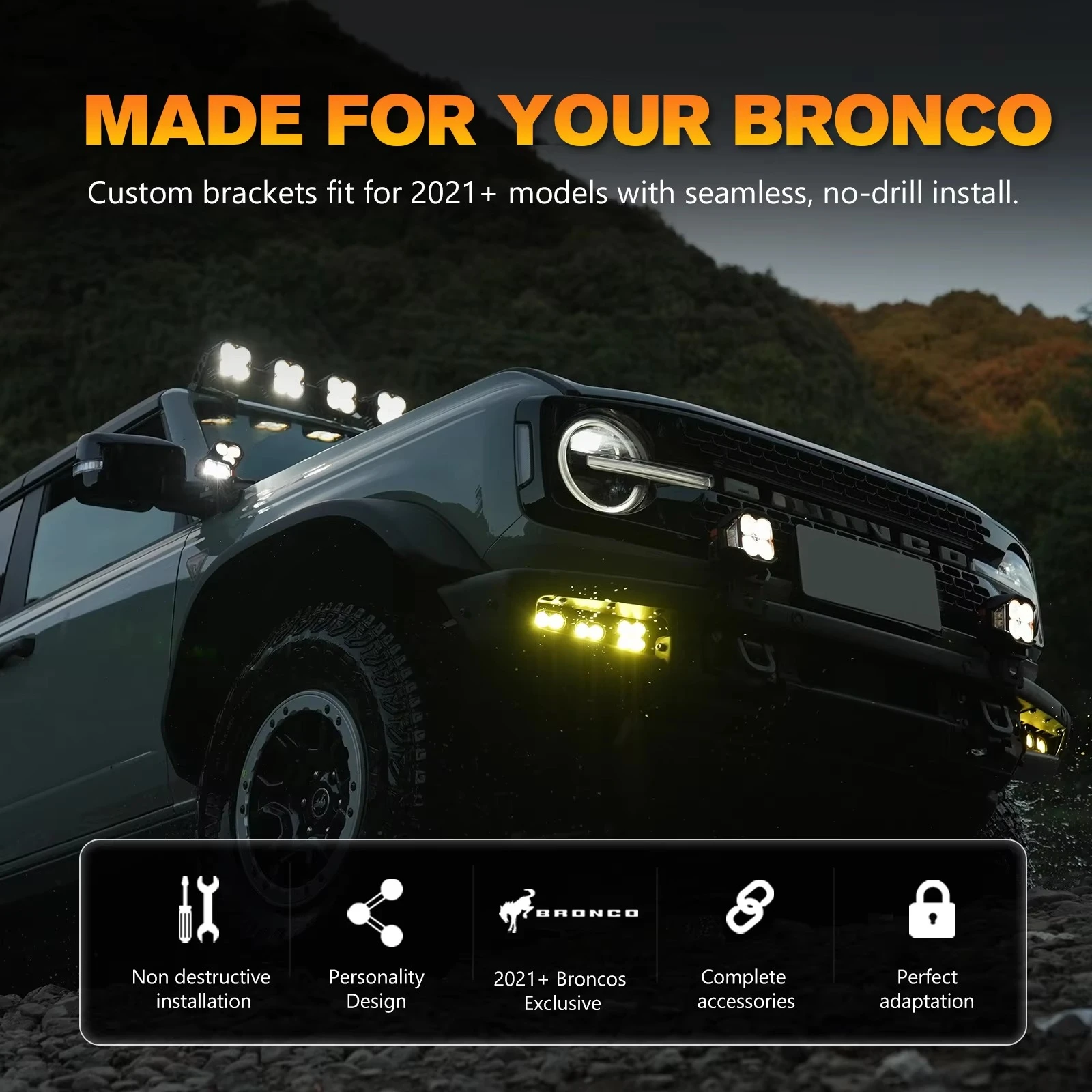 Ibestgol Bumper Fog Light Kit for 2021+ Ford Bronco LED Pod Lights 15772LM Spot Flood Beam White Amber Lens