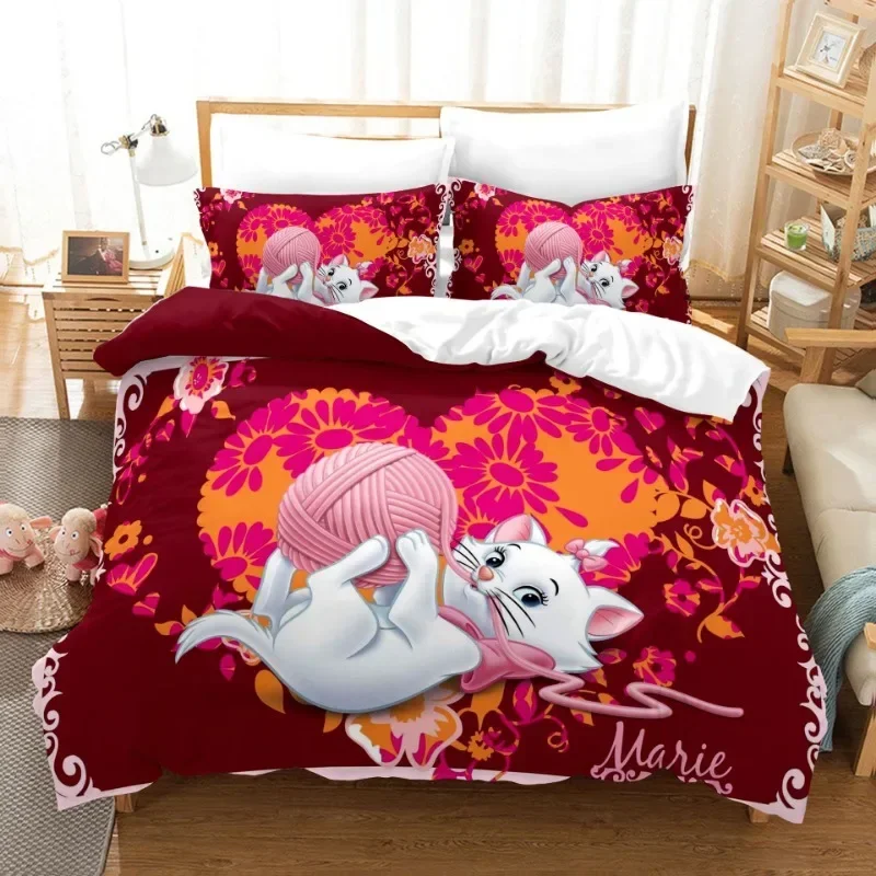 Disney Marie Cat Cute Cartoon Bedding Set The Aristocats Anime Harajuku 3D Print Duvet Twin Full Queen King Bedclothes Bed Linen