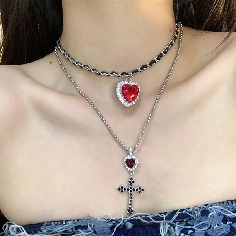 Double Layered Leather Red Crystal Heart Pendant Necklace for Women Exquisite Cross Earrings Collarbone Chain Gothic Jewelry Set