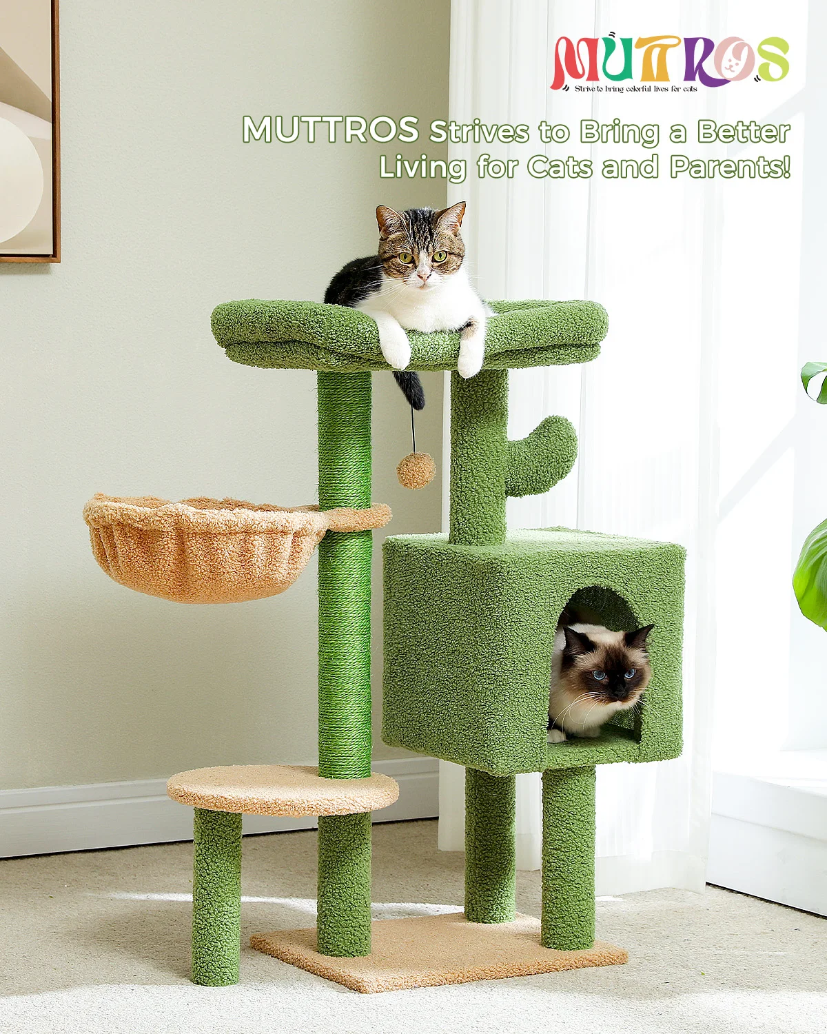 Cactus Cat Tree Cute Cat Tower with Padded Top Perch Comfy Hammock Private Condo Fully Scratching Post and Dangling Bell Ball