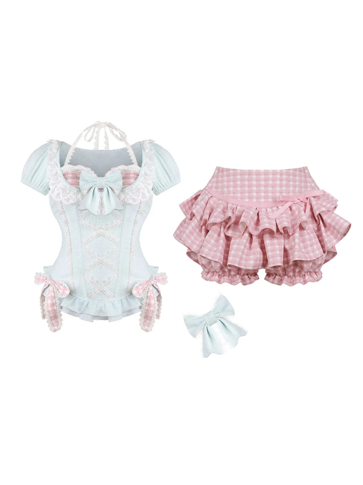 夏の和菓子風キュートなレディース outfits バブルスリーブトップス + 水玉模様ケーキスカート 原宿系ピュアデザイア スリムツーピースセット 2025