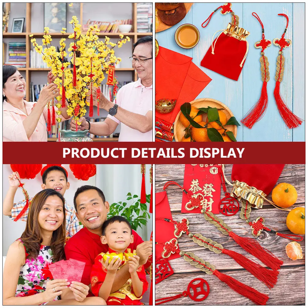 6Pcs Five Emperor Feng Shui Coins Chinese Knot Tassel Pendant Fortune Charm Car Home New Year Hanging Festival Decor