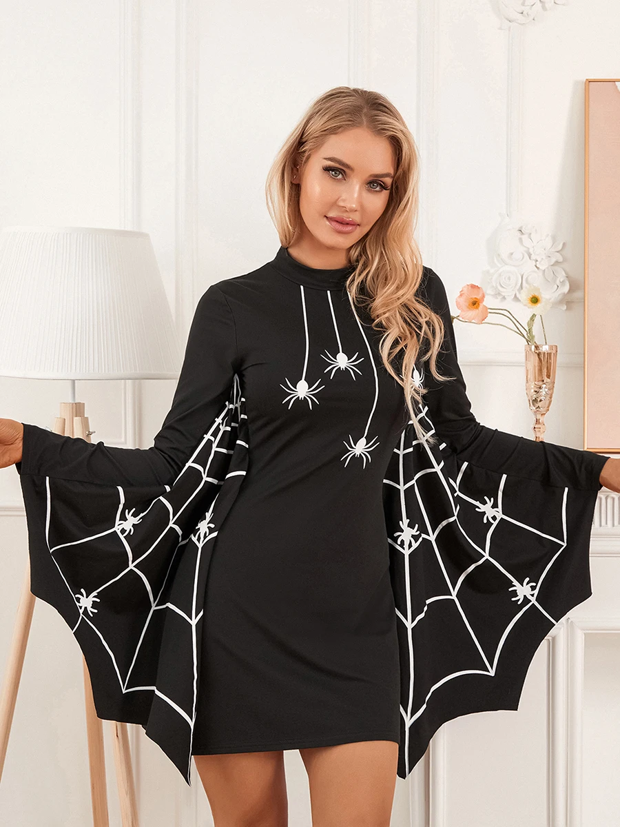 Women Halloween Costume Spiderweb Print Halloween Long Sleeve Dress Cosplay Party Costume with Scalloped Web Wings