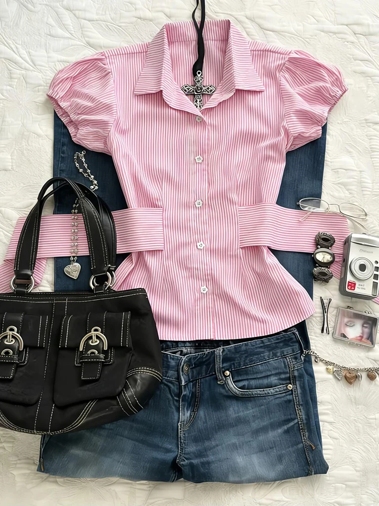 

Slimming Pink Collar Short Sleeve Bubble Sleeve Shirt Women's Commute Versatile Waist-Cinching Top Half-Zipper Regular Length