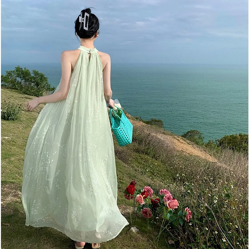 

NEW Chinese Style Stand Collar Chiffon Dresses Elegant Ladies Long Celebrity Green Robes 2024 Summer Loose Women Chic Sundress