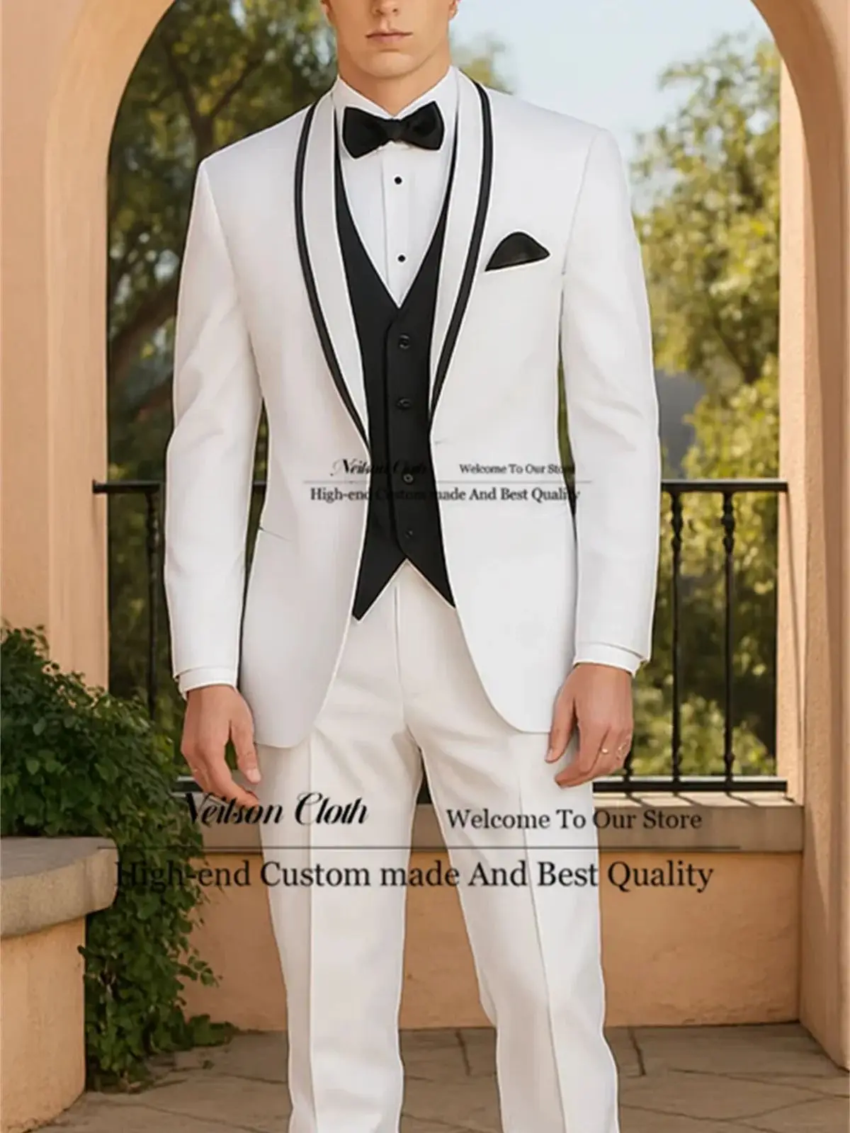 

White Male Prom Blazers 3 Pieces Sets One Button Groom Wedding Tuxedos For Men Shawl Lapel Customized Business Costume Homme