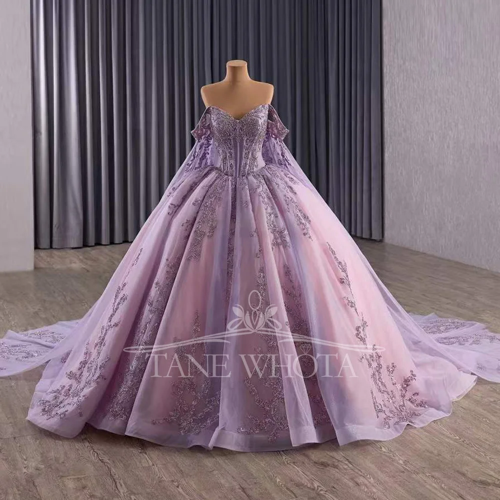 

Фиолетовое платье Quinceanera с открытыми плечами и шнуровкой сзади, расшитое блестками и вышивкой в форме сердца, платье для выпускного вечера по индивидуальному заказу