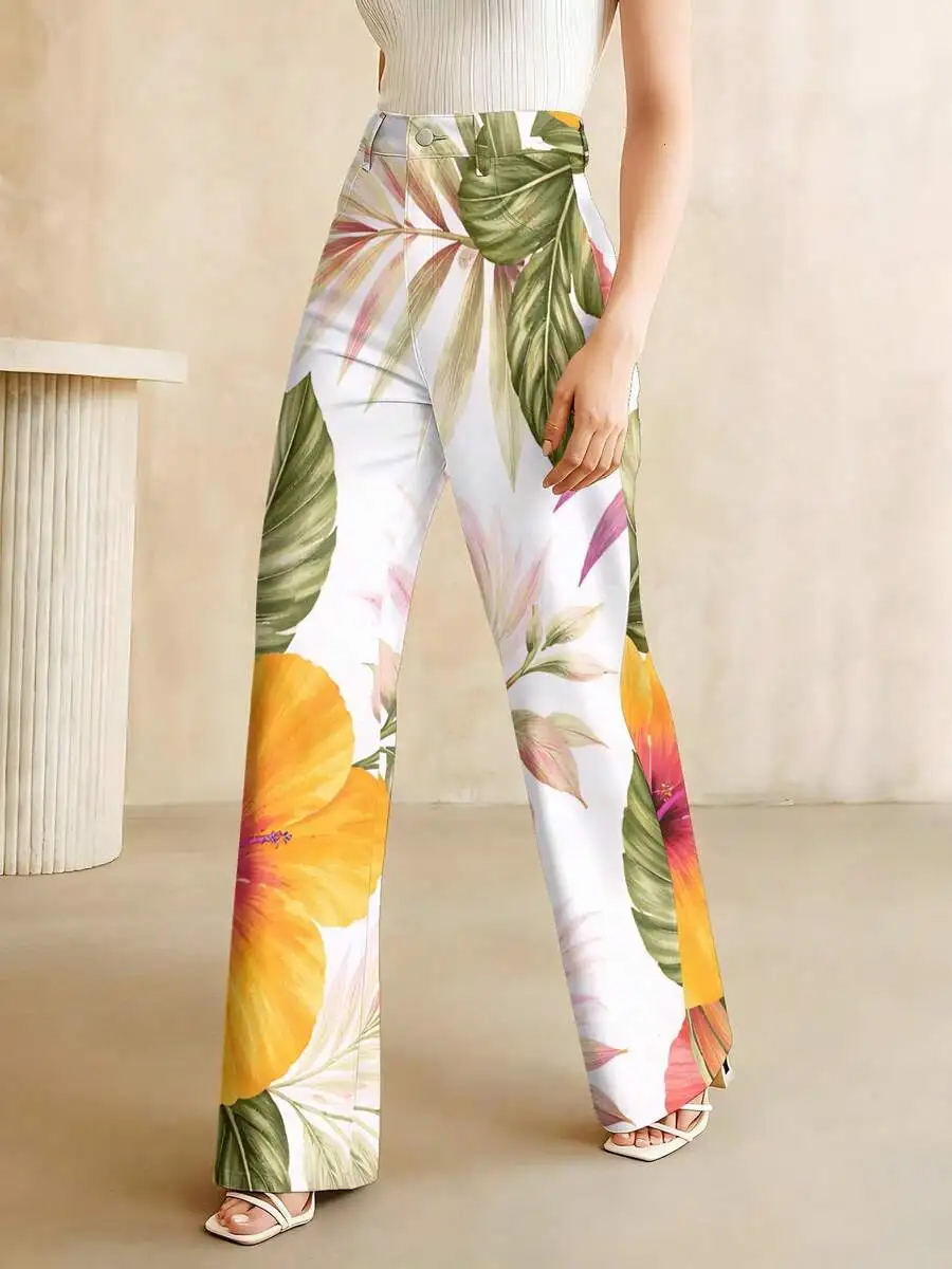 

Tropical Floral Print Wide Leg Jeans For Women Summer Casual Beach Vacation Pants