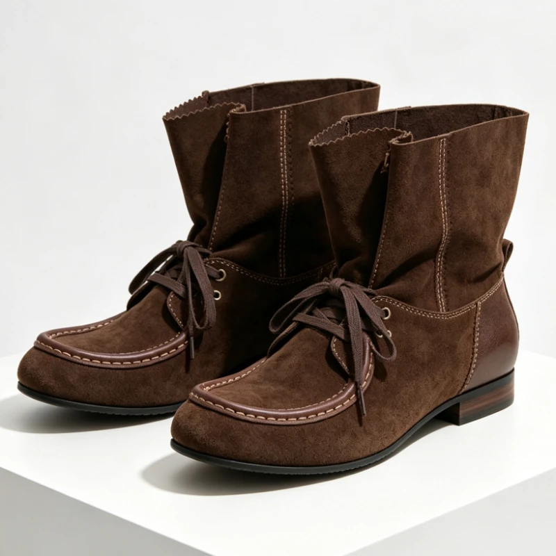 Vintage Brown Faux Suede Women’s Ankle Boots Unique Color-Blocking Lace-Up Winter Boots Comfortable Non-Slip Designer Short Boot