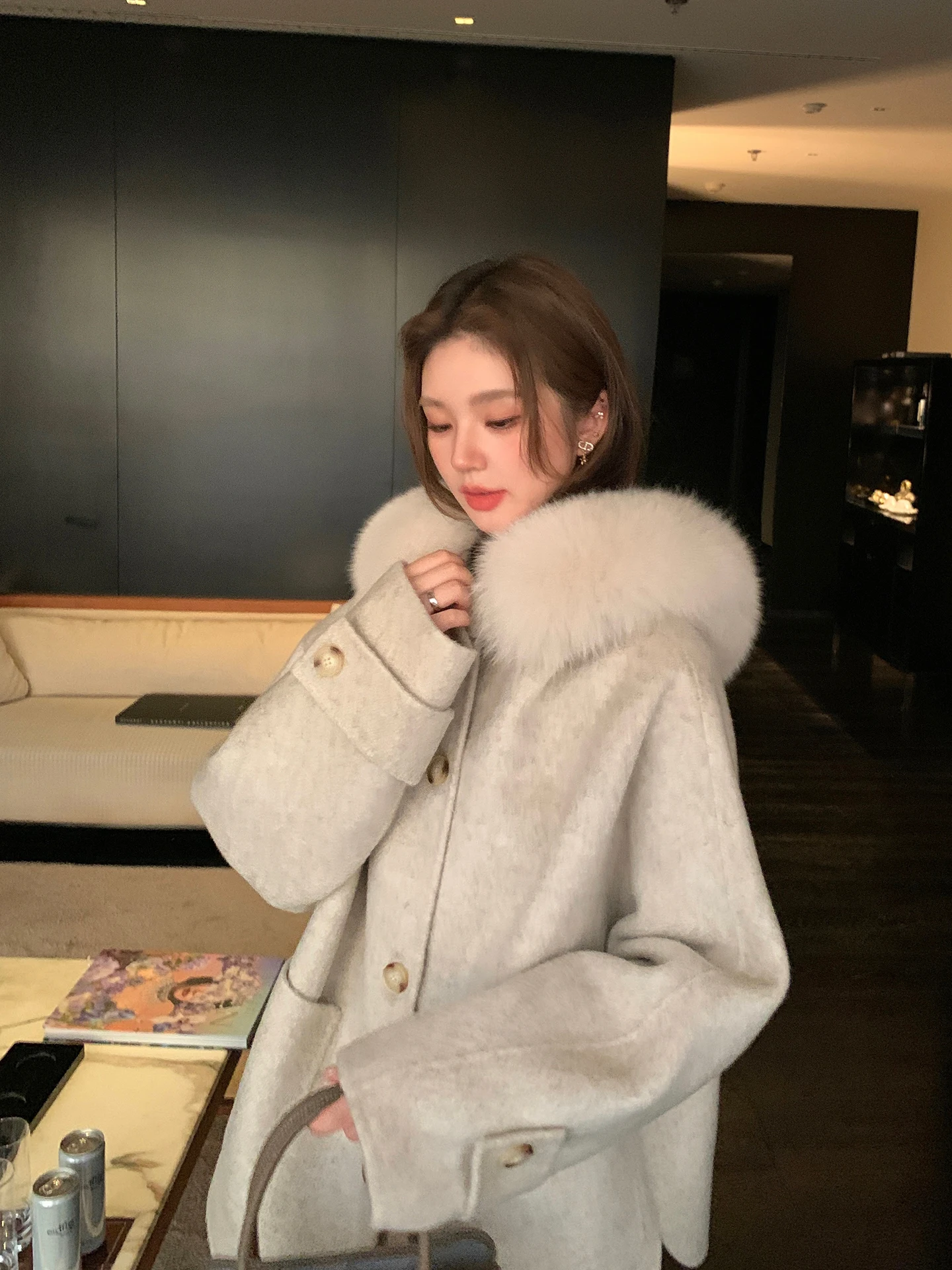 

GG Winston Double-Faced Camere Woolen Coat with Collar Hooded Women's Outerwear Thiened Long Sve Korean Sle