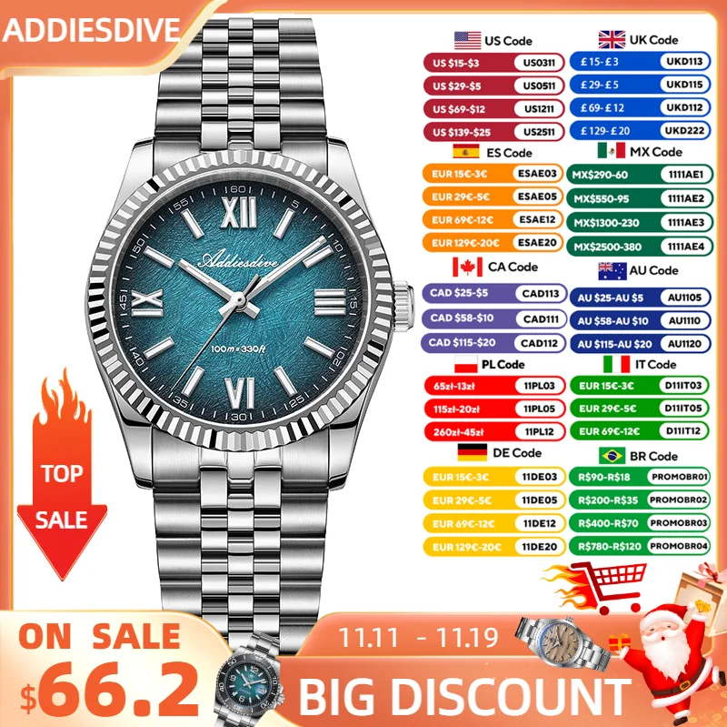 

ADDIESDIVE Blue Watch for Men VH31 Quartz Wristwatch New 36mm Luxury Sapphire Super Luminous Stainless Steel 10Bar Waterproof