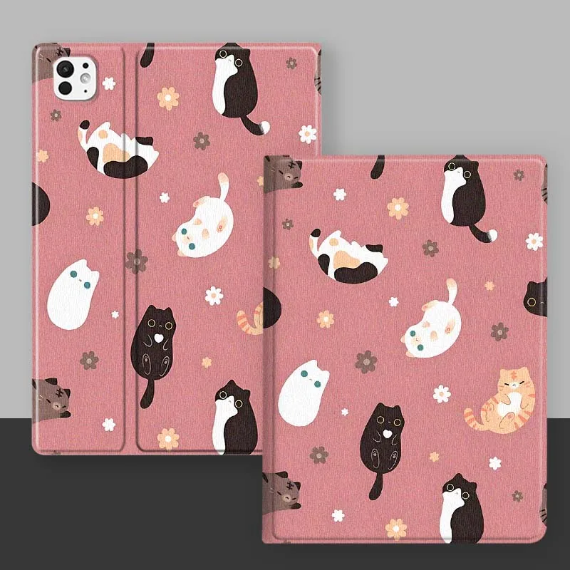 Cartoon Cat Kitten Pattern For iPad Pro Mini Air 1 2 3 4 5 6 7 10 11 th 8 9 gen 11 M4 M5 Foldable Tablet Case Cover
