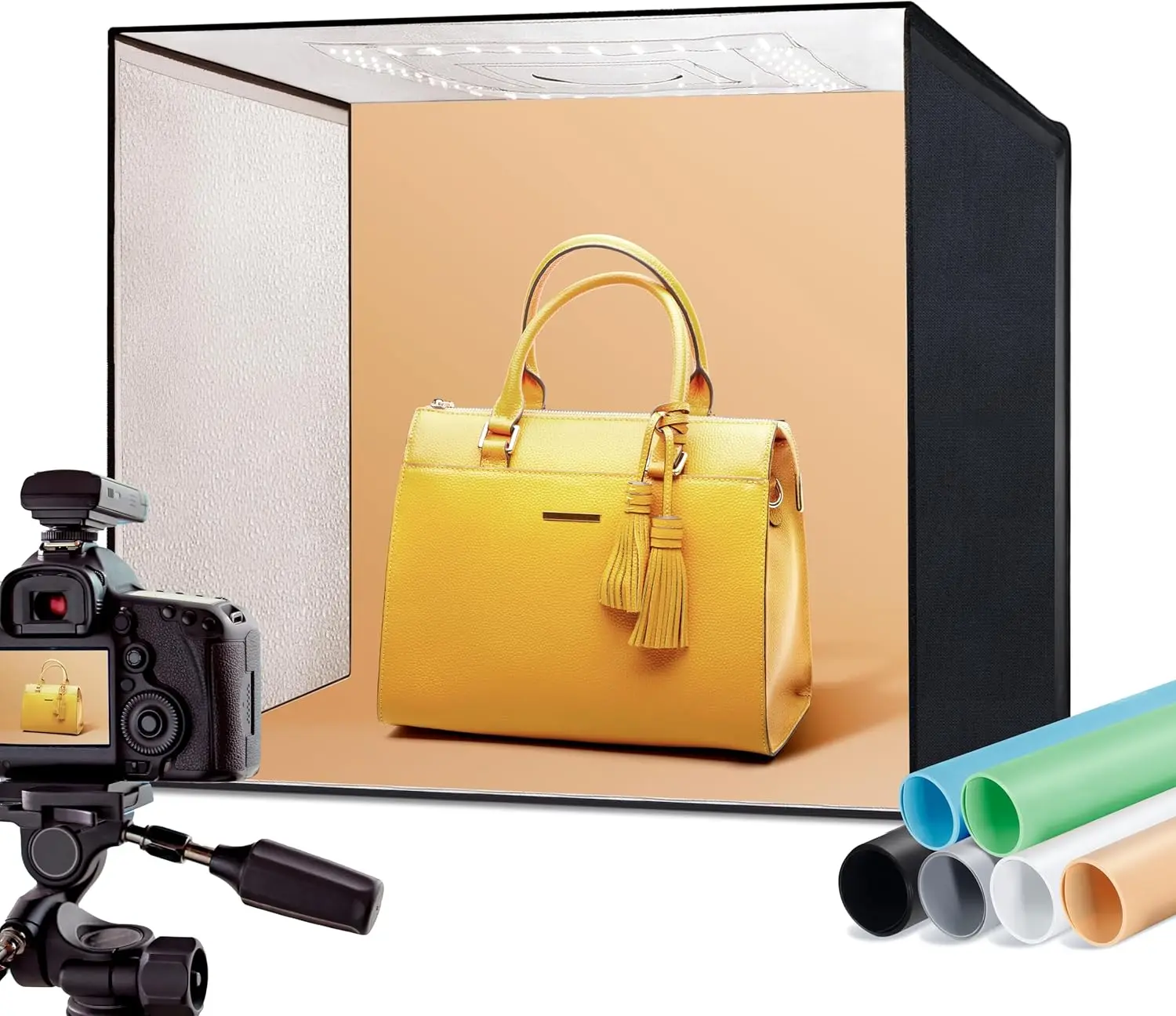 

20''x20'' Photo Studio Light Box with 120 LEDs, 5500K Lighting, 6 Color Backdrops for Product Photography