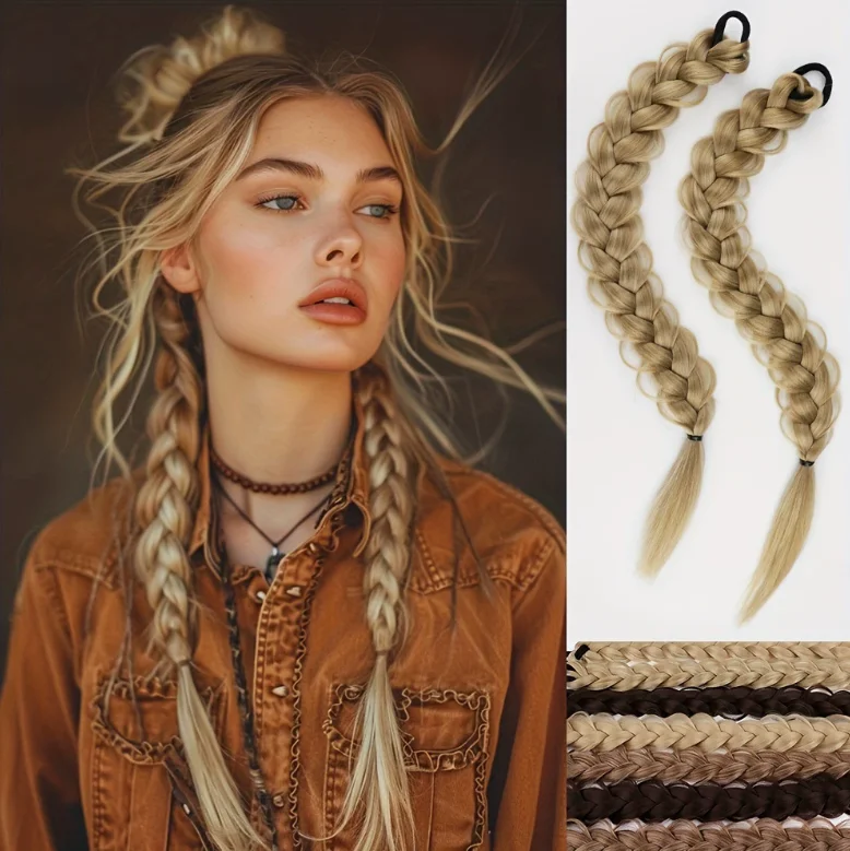 

1PC 24 Inch Long Synthetic Ponytail, Braided Hair Extensions Pure Color, Hair Wig for Women Ponytail Accessories