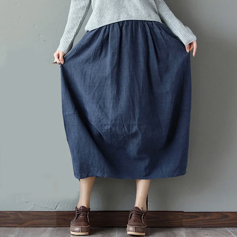 Elastic waist Cotton Linen Solid color Women Skirt Vintage Mori girl style Casual Summer Skirt female Cute Long Skirt QH1240