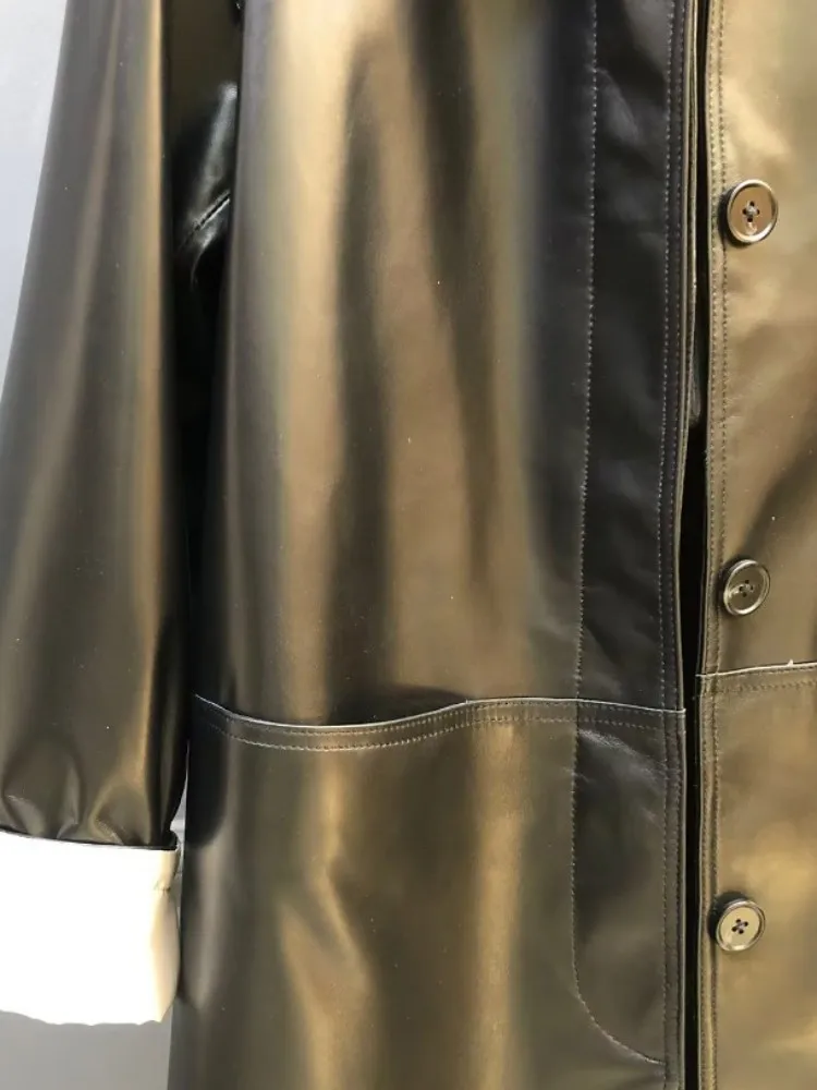 Koreanischen Stil Damen Echtes Leder Einreiher Einfarbig Trenchcoat Revers Lange Ärmel Freizeit Lose Schaffell Jacke