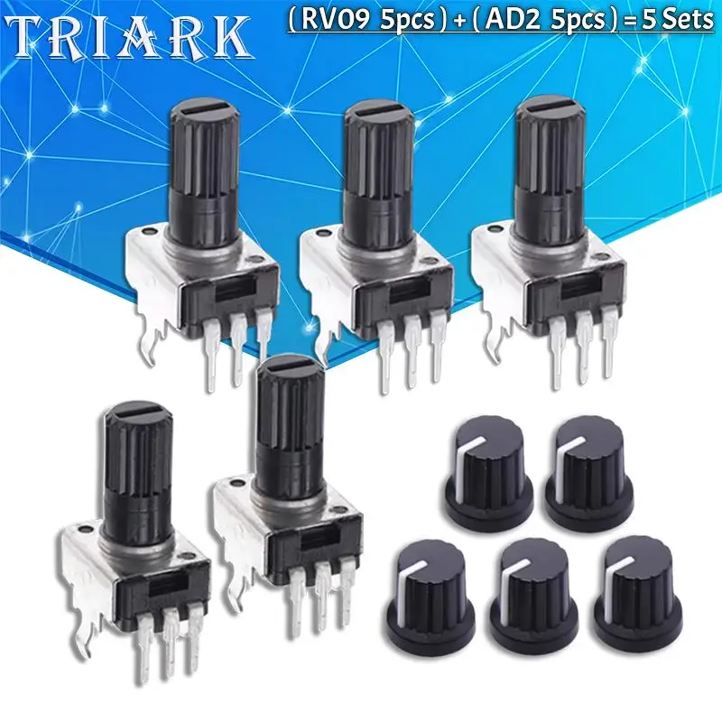 5 ensembles RV09 Vertical 1K 2K 5K 10K 20K 50K 100K 200K 500K 1M Ohm 9 Type 3 broches joint potentiomètre réglable avec capuchon de bouton AD2