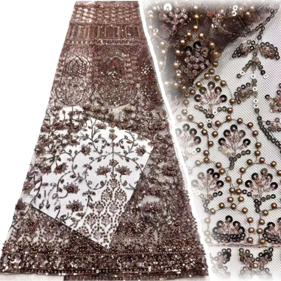 

Luxury African Beaded Lace Fabric High Quality French Sequin Lace Fabric for Bridal Wedding Evening Gown Material 5 Yards 2246