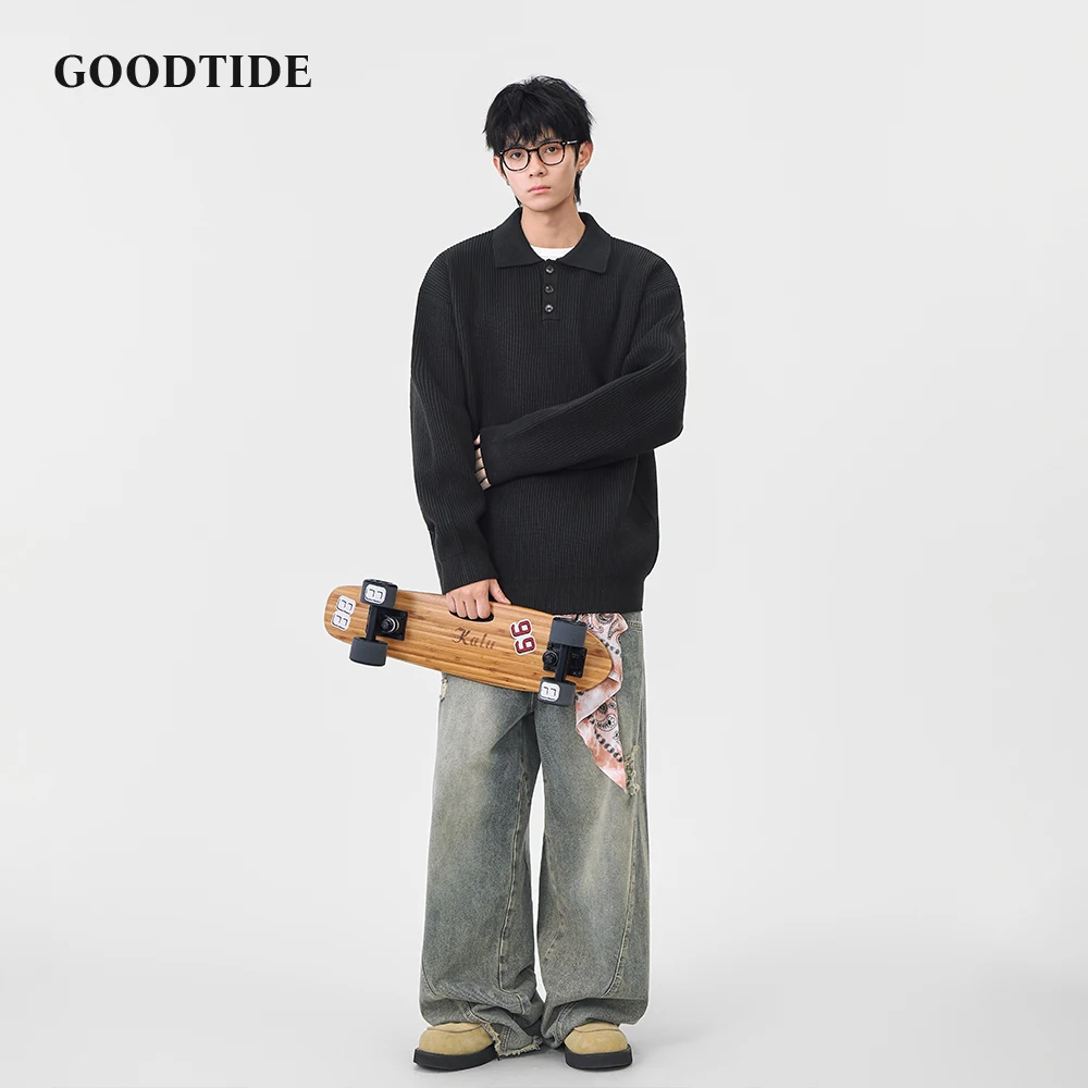 Fashion Men's Casual Polo Collar Sweater 2025 Winter New Ribbed Knitted Pullover Button Placket Soft Long Sleeve Jumper Top