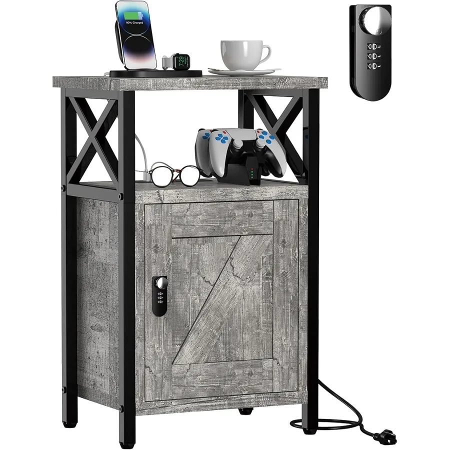 

Wooden Nightstand with Lock Bed Side Table with Drawers Bedside Table with Charging Station 3 USB and 2 Outlets Night Stand wit