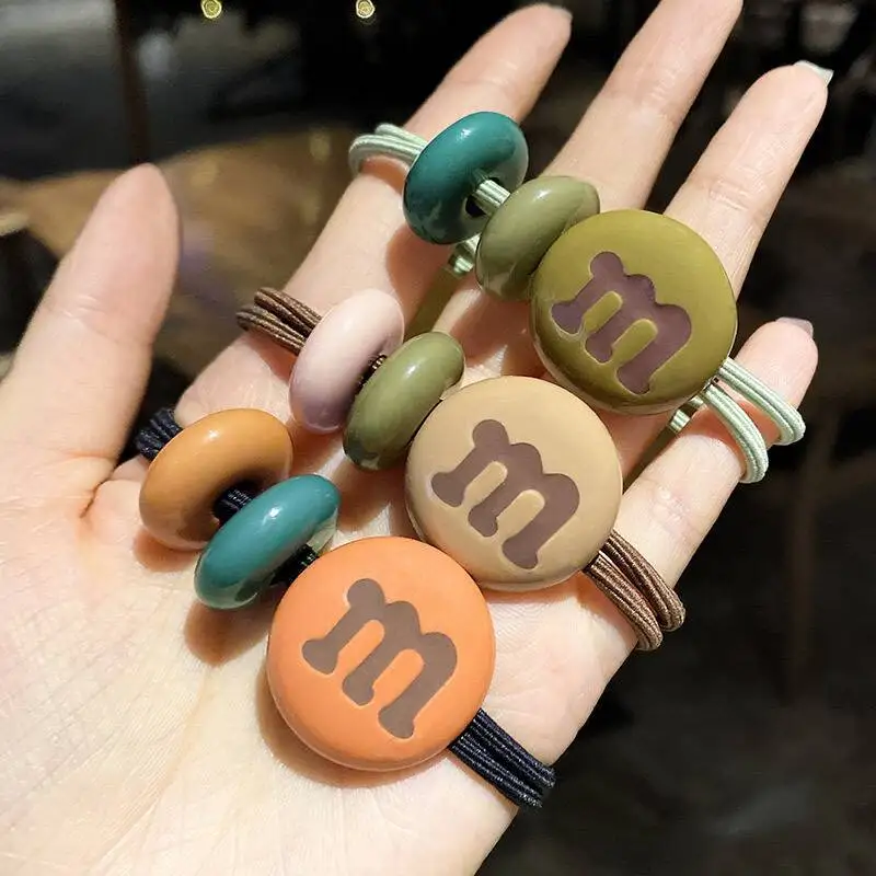 5Style Fashion M&M Style Letter Hair Ties Cute Colorful Elastic Hair Bands For Women Girls Daily Hair Accessories-image
