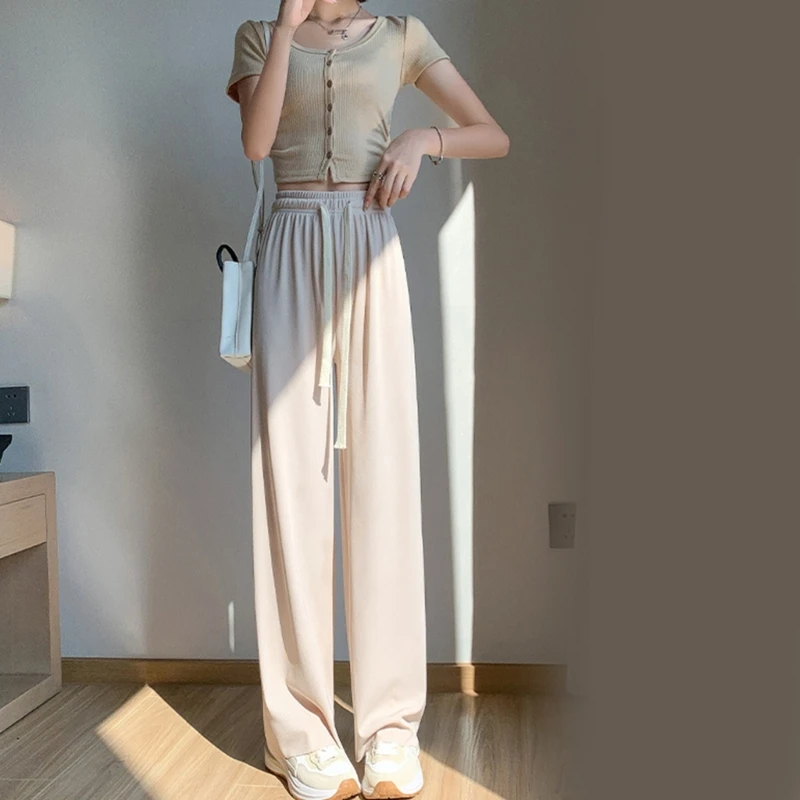 Women Solid Color Ribbed Wide Leg Long Pants Drawstring High Waist Sweatpants 066C