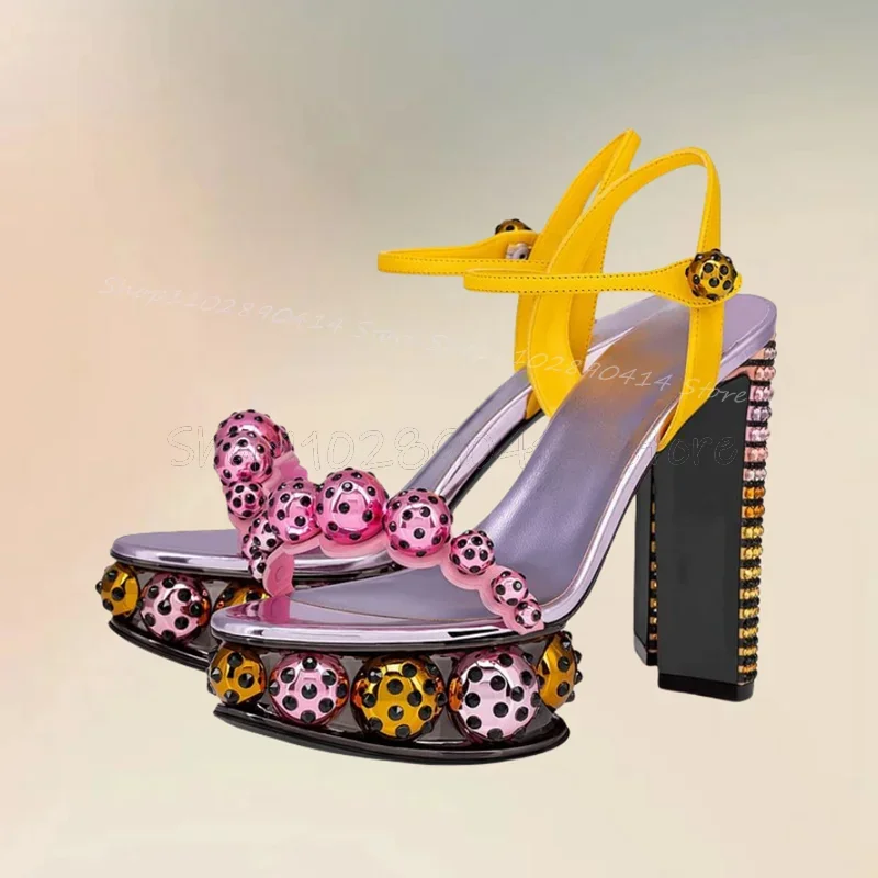 

Colorful Beads Rivets Decor Platform Sandals Ankle Bcukle Strap Women Shoes Chunky High Heels Open Toe 2025 Zapatos Para Mujere